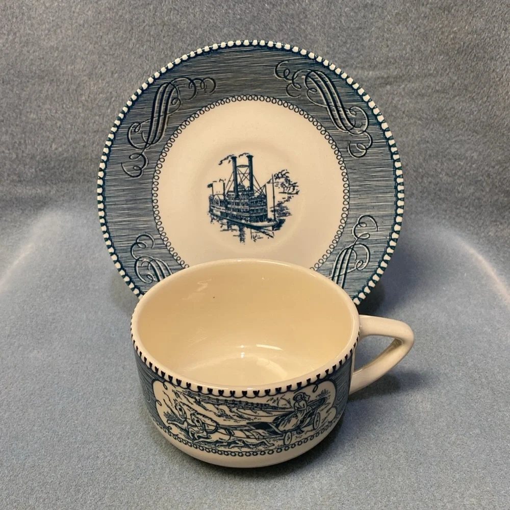 Blue CURRIER AND IVES BLUE CHINA COFFEE CUP AND SAUCER